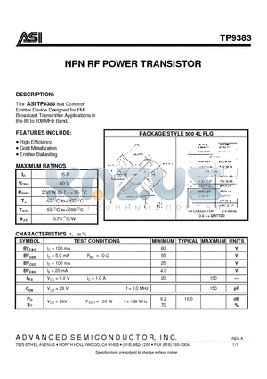 TP9383 datasheet - NPN RF POWER TRANSISTOR