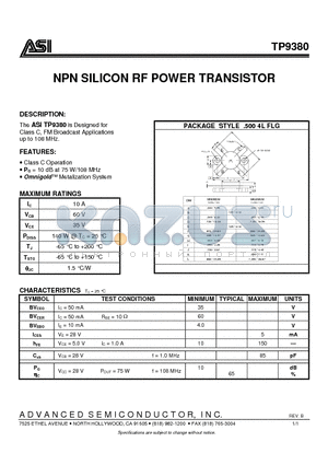 TP9380 datasheet - NPN SILICON RF POWER TRANSISTOR