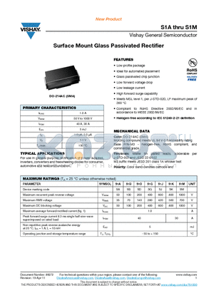S1A datasheet - Surface Mount Glass Passivated Rectifier