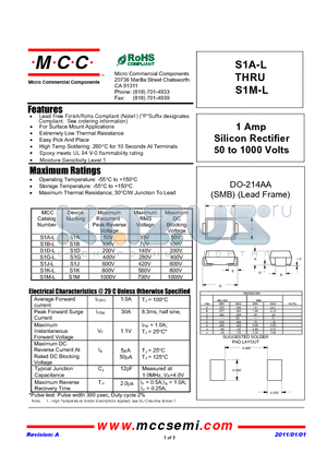 S1A-L datasheet - 1 Amp Silicon Rectifier 50 to 1000 Volts