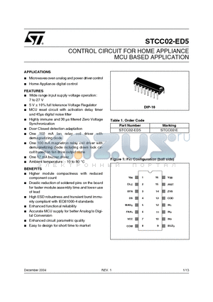 STCC02-E datasheet - CONTROL CIRCUIT FOR HOME APPLIANCE MCU BASED APPLICATION