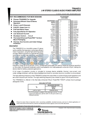 TPA005D12 datasheet - 2-W STEREO CLASS-D AUDIO POWER AMPLIFIER
