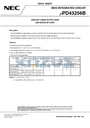 UPD43256BGU-85L-A datasheet - 256K-BIT CMOS STATIC RAM 32K-WORD BY 8-BIT