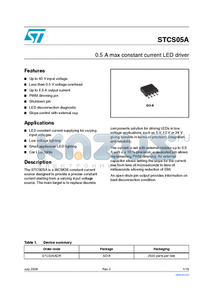 STCS05A datasheet - 0.5 A max constant current LED driver