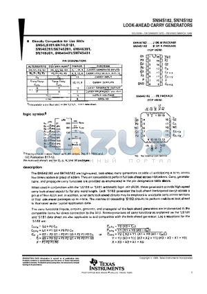 SN74S182 datasheet - LOOK-AHEAD CARRY GENERATORS