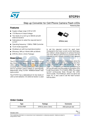 STCF01PMR datasheet - Step-up Converter for Cell Phone Camera Flash LEDs