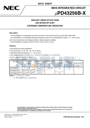 UPD43256BGW-85X-9JL-A datasheet - 256K-BIT CMOS STATIC RAM 32K-WORD BY 8-BIT EXTENDED TEMPERATURE OPERATION