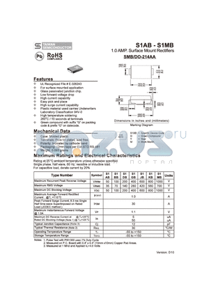 S1AB datasheet - 1.0 AMP. Surface Mount Rectifiers