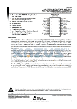 TPA0112PWP datasheet - 2-W STEREO AUDIO POWER AMPLIFIER WITH FOUR SELECTABLE GAIN SETTINGS