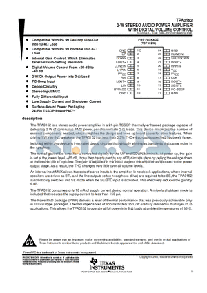 TPA0152PWP datasheet - 2-W STEREO AUDIO POWER AMPLIFIER WITH DIGITAL VOLUME CONTROL