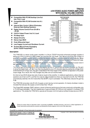 TPA0162 datasheet - 2-W STEREO AUDIO POWER AMPLIFIER WITH DIGITAL VOLUME CONTROL