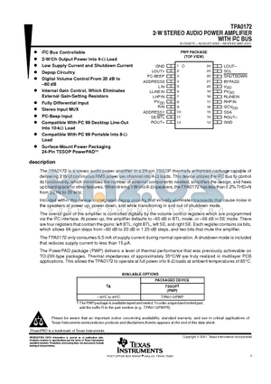 TPA0172 datasheet - 2-W STEREO AUDIO POWER AMPLIFIER WITH I2C BUS