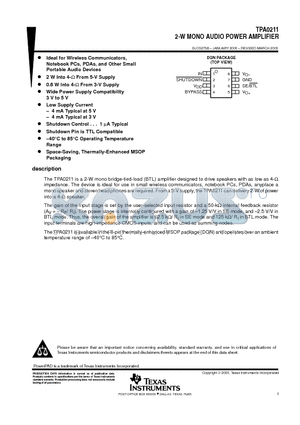 TPA0211DGN datasheet - 2-W MONO AUDIO POWER AMPLIFIER