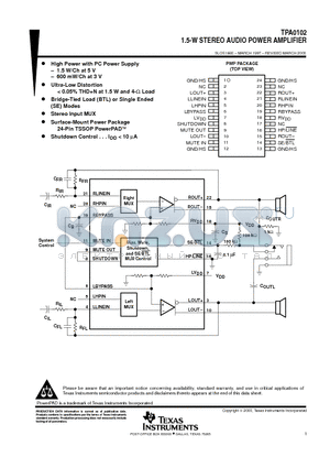 TPA0102 datasheet - 1.5-W STEREO AUDIO POWER AMPLIFIER