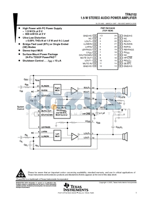 TPA0102PWP datasheet - 1.5-W STEREO AUDIO POWER AMPLIFIER