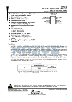 TPA0213DGQ datasheet - 2-W MONO AUDIO POWER AMPLIFIER WITH HEADPHONE DRIVE