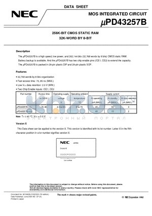 UPD43257BCZ-70L datasheet - 256K-BIT CMOS STATIC RAM 32K-WORD BY 8-BIT