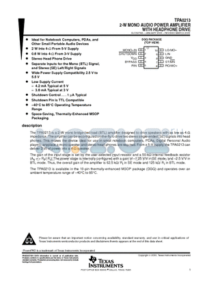 TPA0213DGQ datasheet - 2-W MONO AUDIO POWER AMPLIFIER WITH HEADPHONE DRIVE