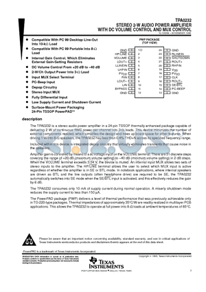 TPA0232PWP datasheet - STEREO 2-W AUDIO POWER AMPLIFIER WITH DC VOLUME CONTROL AND MUX CONTROL