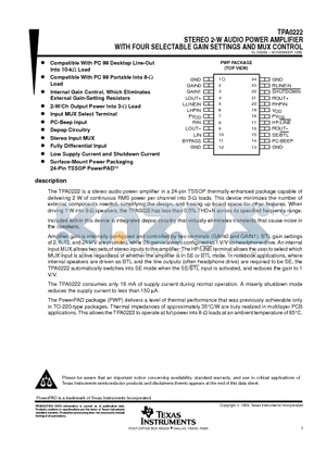TPA0222 datasheet - STEREO 2-W AUDIO POWER AMPLIFIER WITH FOUR SELECTABLE GAIN SETTINGS AND MUX CONTROL