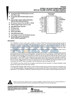 TPA0242PWP datasheet - STEREO 2-W AUDIO POWER AMPLIFIER WITH DC VOLUME CONTROL AND MUX CONTROL