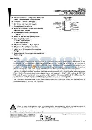 TPA0243 datasheet - 2-W MONO AUDIO POWER AMPLIFIER WITH HEADPHONE DRIVE