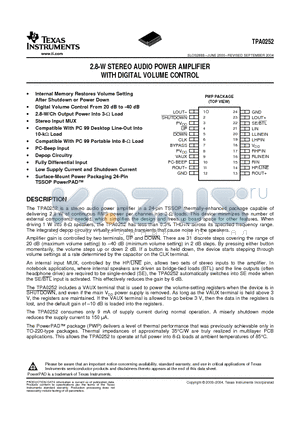 TPA0252PWP datasheet - 2.8-W STEREO AUDIO POWER AMPLIFIER WITH DIGITAL VOLUME CONTROL