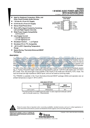 TPA0253DGQRG4 datasheet - 1-W MONO AUDIO POWER AMPLIFIER WITH HEADPHONE DRIVE