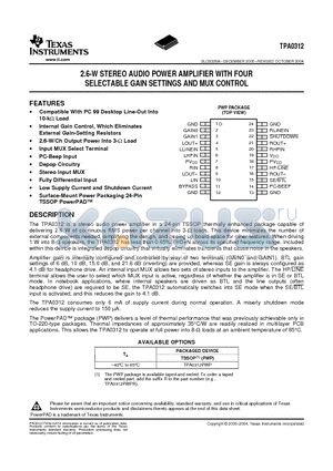 TPA0312PWP datasheet - 2.6-W STEREO AUDIO POWER AMPLIFIER WITH FOUR SELECTABLE GAIN SETTINGS AND MUX CONTROL