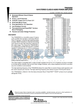 TPA032D02 datasheet - 10-W STEREO CLASS-D AUDIO POWER AMPLIFIER