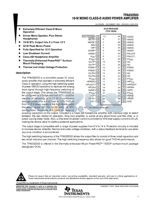 TPA032D03 datasheet - 10-W MONO CLASS-D AUDIO POWER AMPLIFIER