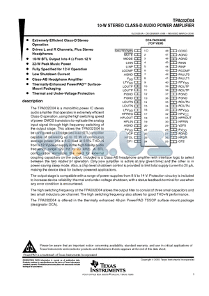 TPA032D04DCA datasheet - 10-W STEREO CLASS-D AUDIO POWER AMPLIFIER