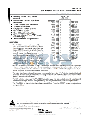 TPA032D04 datasheet - 10-W STEREO CLASS-D AUDIO POWER AMPLIFIER
