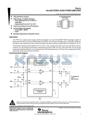 TPA112D datasheet - 150-mW STEREO AUDIO POWER AMPLIFIER