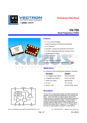 VS-750 datasheet - DUAL FREQUENCY VCSO