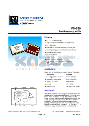 VS-750-LFF-GNN-P2-P4 datasheet - Dual Frequency VCSO