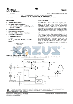 TPA122 datasheet - 150-mW STEREO AUDIO POWER AMPLIFIER