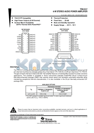 TPA1517 datasheet - 6-W STEREO AUDIO POWER AMPLIFIER