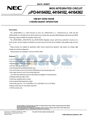 UPD44164082 datasheet - 18M-BIT DDRII SRAM 2-WORD BURST OPERATION