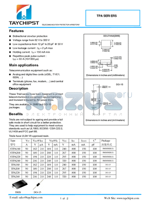 TPA200 datasheet - TELECOMMUNICATION PROTECTION ARRESTORS