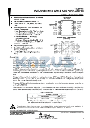 TPA2000D1 datasheet - 2-W FILTERLESS MONO CLASS-D AUDIO POWER AMPLIFIER