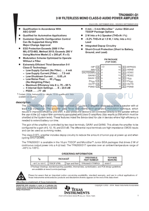 TPA2000D1-Q1 datasheet - 2-W FILTERLESS MONO CLASS-D AUDIO POWER AMPLIFIER