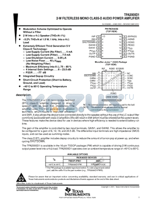 TPA2000D1GQC datasheet - 2-W FILTERLESS MONO CLASS-D AUDIO POWER AMPLIFIER