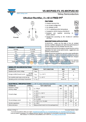 VS-80CPU02-F3 datasheet - Ultrafast Rectifier, 2 x 40 A FRED Pt^