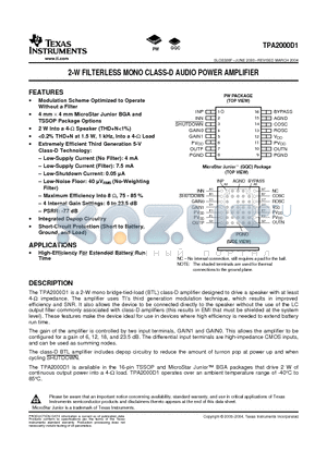 TPA2000D1GQCR datasheet - 2-W FILTERLESS MONO CLASS-D AUDIO POWER AMPLIFIER