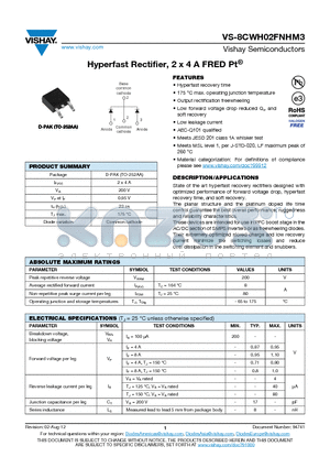 VS-8CWH02FNTRRHM3 datasheet - Hyperfast Rectifier, 2 x 4 A FRED Pt^