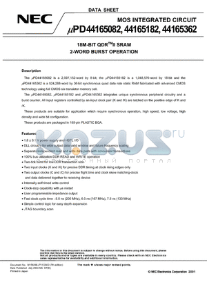 UPD44165082 datasheet - 18M-BIT QDRII SRAM 2-WORD BURST OPERATION