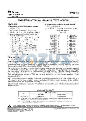 TPA2000D2PW datasheet - 2-W FILTERLESS STEREO CLASS-D AUDIO POWER AMPLIFIER