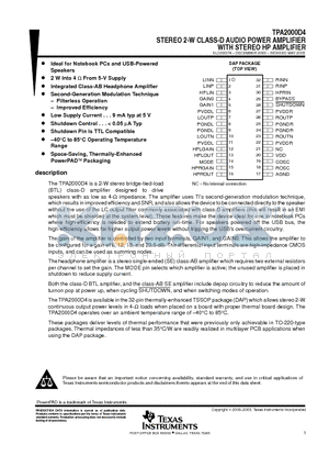 TPA2000D4DAP datasheet - STEREO 2-W CLASS-D AUDIO POWER AMPLIFIER WITH STEREO HP AMPLIFIER