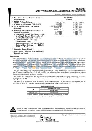 TPA2001D1PWR datasheet - 1-W FILTERLESS MONO CLASS-D AUDIO POWER AMPLIFIER